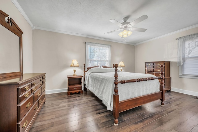 bedroom featuring crown molding, dark hardwood / wood-style floors, and a textured ceiling