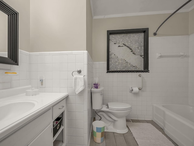 full bathroom featuring shower / bath combination, vanity, ornamental molding, and toilet