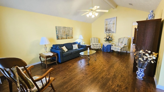 living room featuring lofted ceiling with beams, dark hardwood / wood-style floors, and ceiling fan