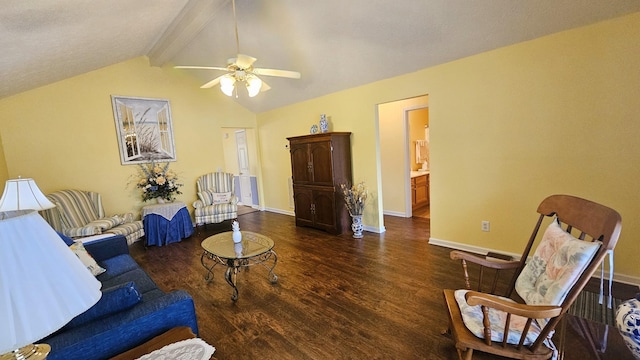 living room featuring lofted ceiling with beams, dark hardwood / wood-style floors, and ceiling fan