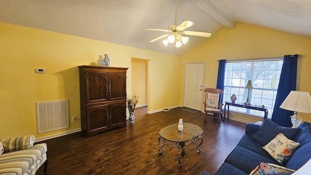 living room featuring baseboards, visible vents, dark wood-style floors, ceiling fan, and vaulted ceiling with beams