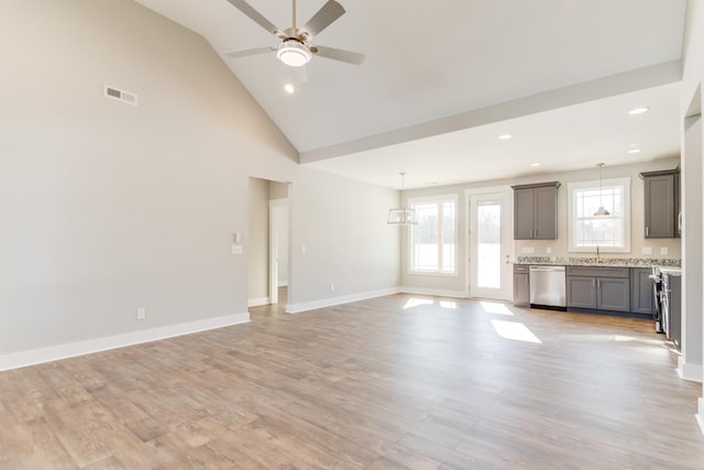 unfurnished living room featuring ceiling fan, high vaulted ceiling, sink, and light hardwood / wood-style floors