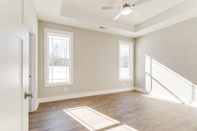 spare room with a healthy amount of sunlight, hardwood / wood-style floors, and a tray ceiling