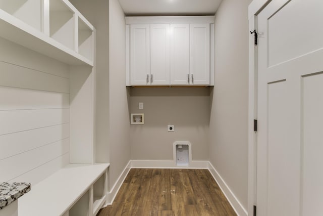 washroom with cabinets, washer hookup, dark hardwood / wood-style flooring, and electric dryer hookup