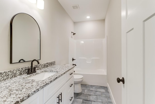 full bathroom featuring shower / bathing tub combination, vanity, and toilet