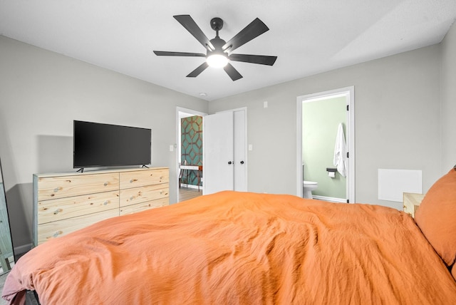 bedroom featuring ceiling fan and ensuite bath