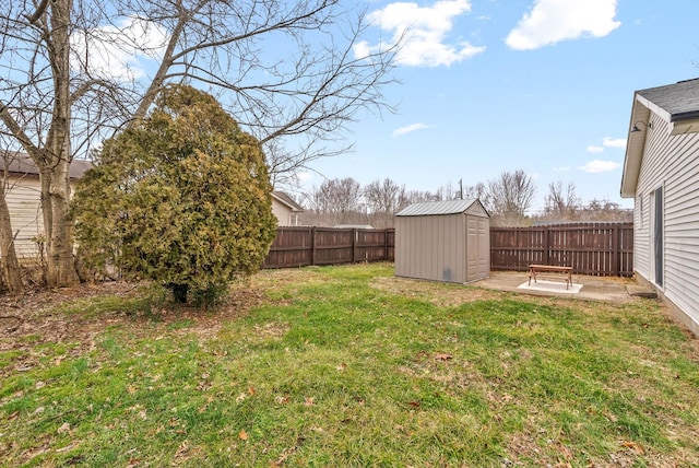 view of yard featuring a patio and a storage unit