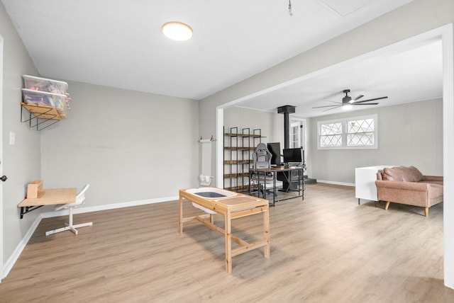 office area featuring ceiling fan and light wood-type flooring