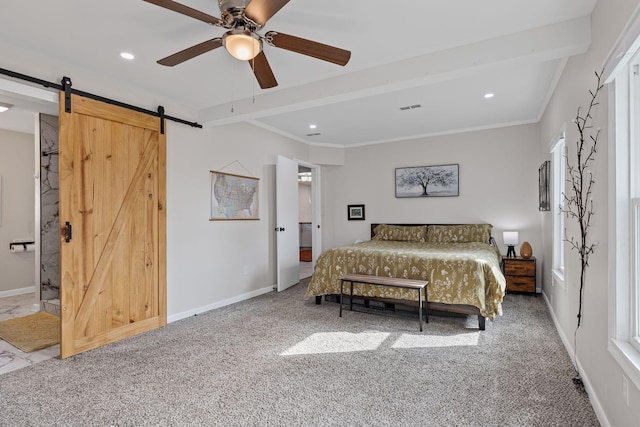 bedroom featuring light carpet, ornamental molding, beamed ceiling, ceiling fan, and a barn door