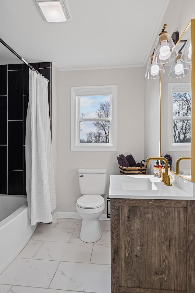 full bathroom featuring vanity, ornamental molding, shower / tub combo, and toilet