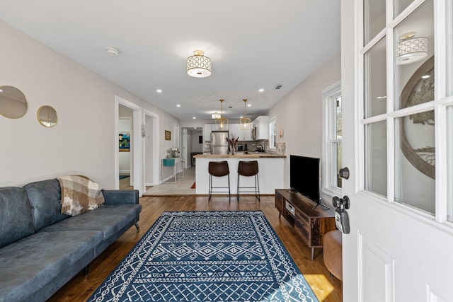 living room featuring dark hardwood / wood-style flooring