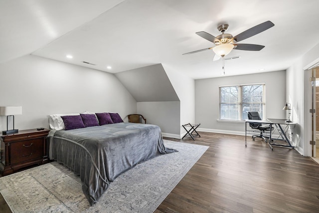 bedroom with dark wood-type flooring, ceiling fan, and lofted ceiling