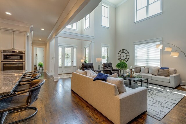 living room featuring ornamental molding and dark hardwood / wood-style floors