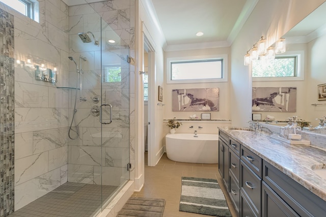 bathroom with independent shower and bath, crown molding, and vanity