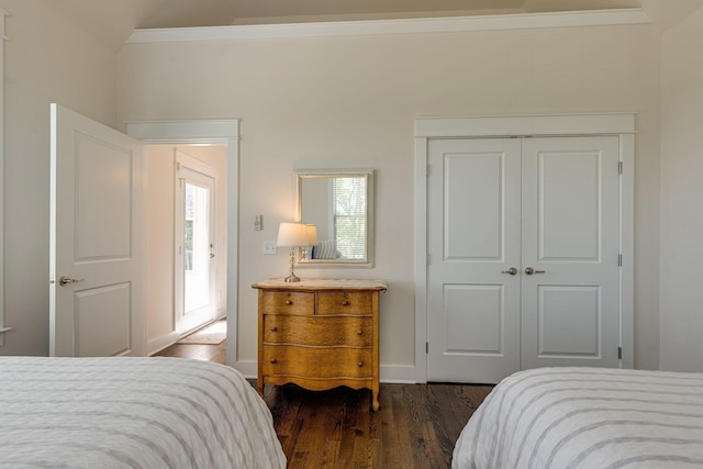 bedroom with dark hardwood / wood-style flooring, lofted ceiling, and a closet