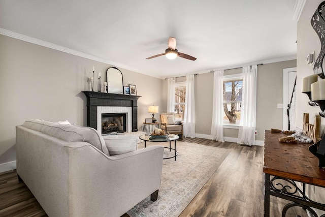 living room featuring ceiling fan, ornamental molding, wood-type flooring, and a fireplace