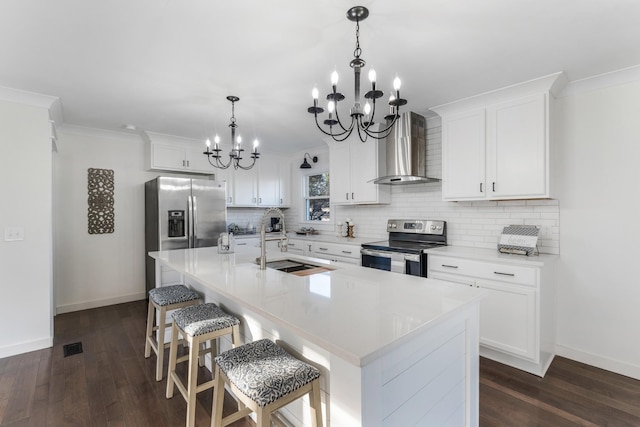 kitchen with wall chimney exhaust hood, hanging light fixtures, a center island with sink, appliances with stainless steel finishes, and white cabinets