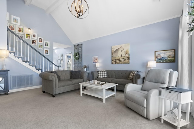 living room with light carpet, a notable chandelier, beam ceiling, and high vaulted ceiling