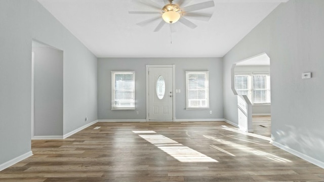 foyer entrance with lofted ceiling, hardwood / wood-style floors, and a wealth of natural light