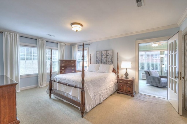 bedroom with ornamental molding, access to outside, and light colored carpet