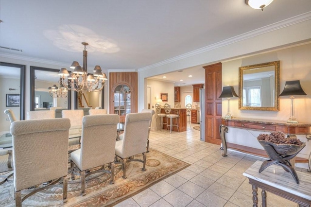 tiled dining area with ornamental molding and a chandelier