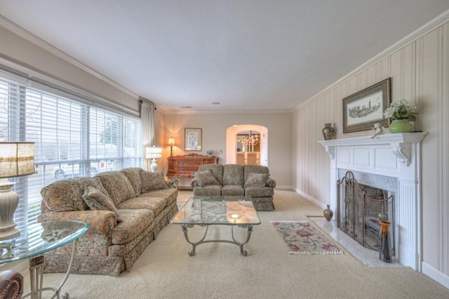 carpeted living room featuring crown molding