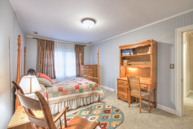 carpeted bedroom with ornamental molding