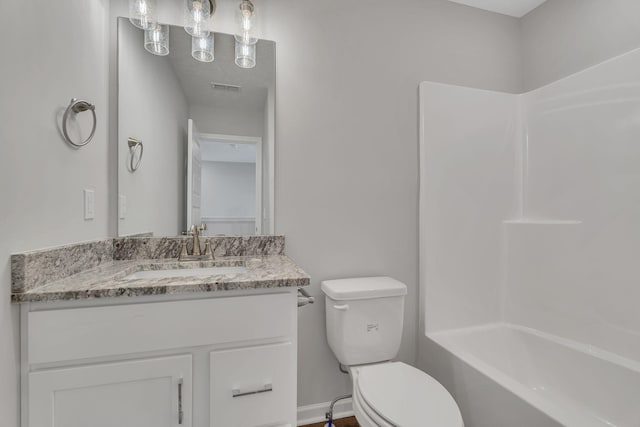 bathroom with toilet, shower / bath combination, visible vents, and vanity