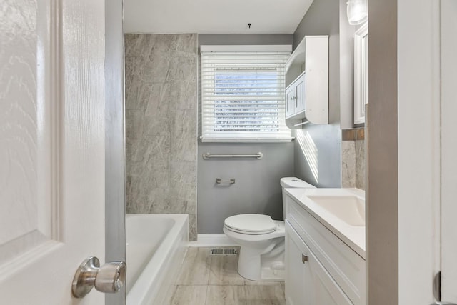 full bathroom featuring vanity, shower / washtub combination, and toilet