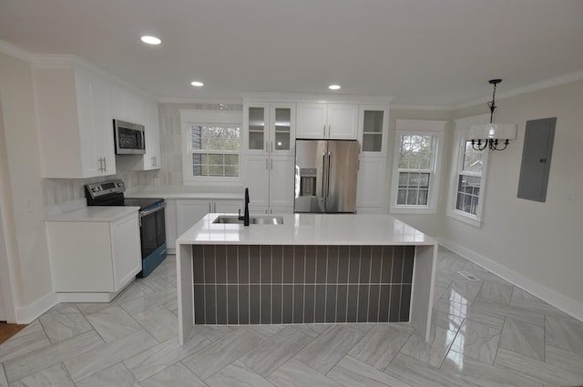 kitchen with stainless steel appliances, electric panel, sink, and a center island with sink