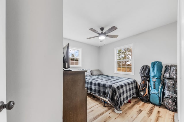 bedroom with multiple windows, hardwood / wood-style floors, and ceiling fan