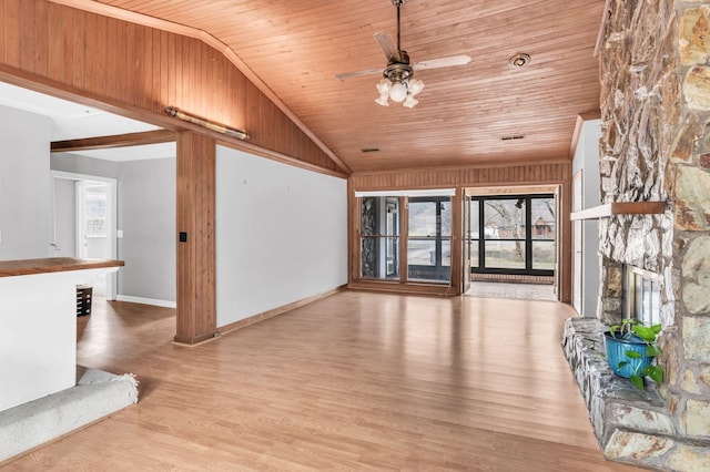 unfurnished living room with lofted ceiling, a fireplace, light hardwood / wood-style flooring, and wooden ceiling