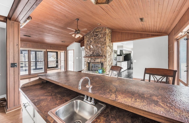 kitchen featuring a healthy amount of sunlight, a stone fireplace, sink, and lofted ceiling