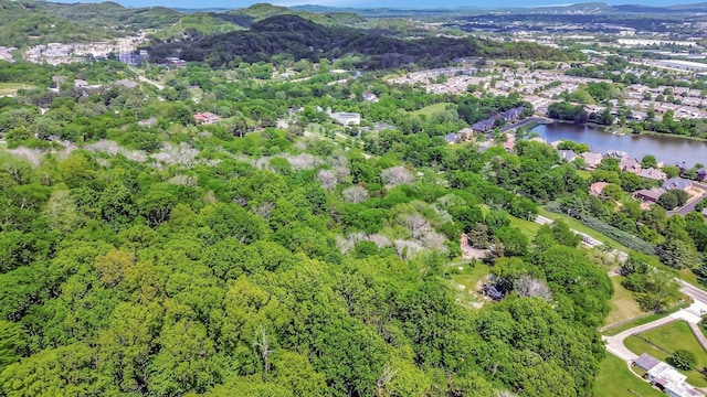aerial view with a wooded view and a water and mountain view