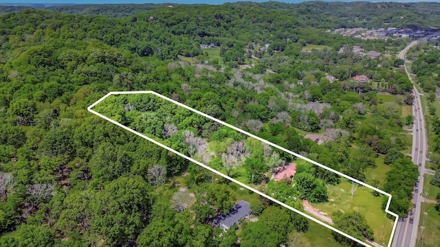 bird's eye view featuring a forest view