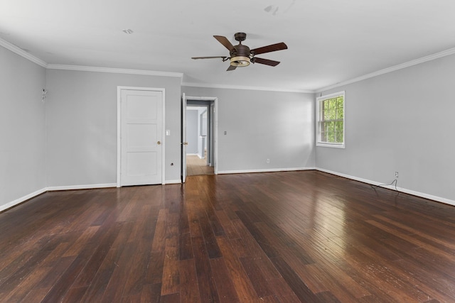 spare room featuring ornamental molding, wood-type flooring, and a ceiling fan