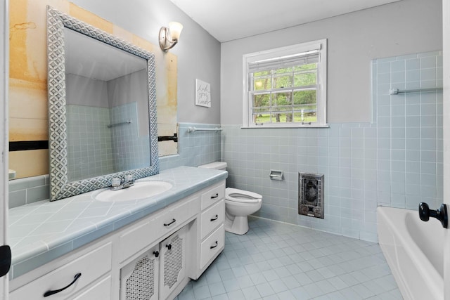 full bath featuring tile walls, heating unit, toilet, tile patterned flooring, and a shower