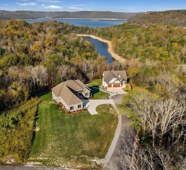 bird's eye view with a view of trees and a water view