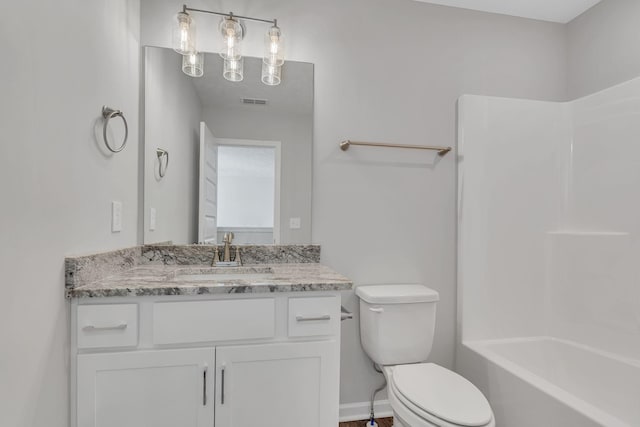 bathroom with toilet, visible vents, tub / shower combination, and vanity