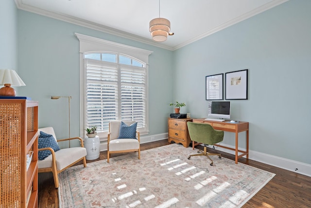 office area featuring crown molding, plenty of natural light, and dark hardwood / wood-style floors