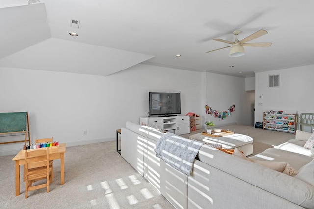 living room with light carpet and ceiling fan