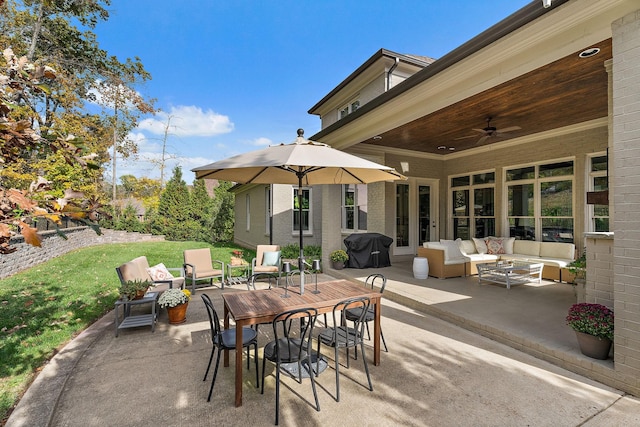 view of patio / terrace featuring ceiling fan, grilling area, and outdoor lounge area