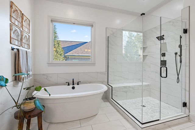 bathroom with crown molding, independent shower and bath, and tile walls