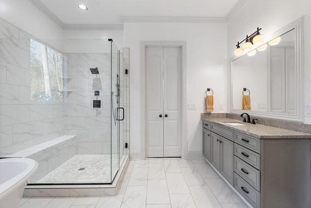 bathroom featuring independent shower and bath, crown molding, and vanity