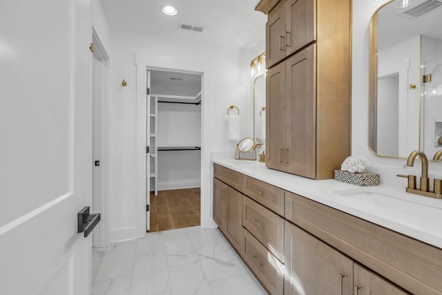 bathroom with walk in shower and vanity