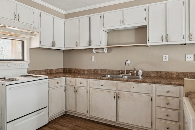 kitchen with sink, white cabinetry, crown molding, dark hardwood / wood-style flooring, and white range with electric cooktop