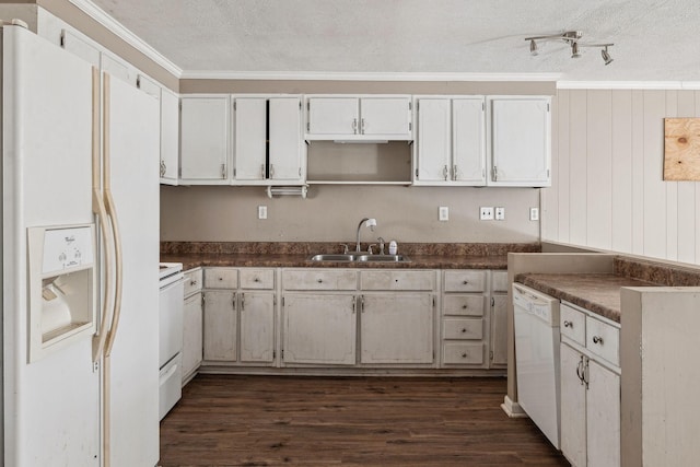 kitchen featuring crown molding, sink, white cabinets, and white appliances