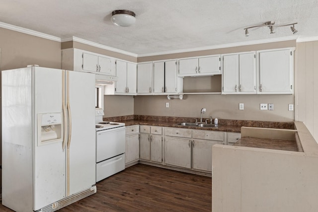 kitchen with crown molding, white appliances, sink, and white cabinets