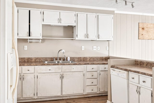 kitchen with sink, white cabinetry, crown molding, dark hardwood / wood-style floors, and white dishwasher