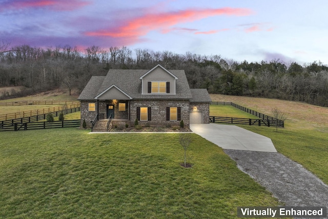 4612 Gossburg Rd, Beechgrove, TN 37018 - view of front facade featuring fence, a garage, a rural view, a front yard, and driveway